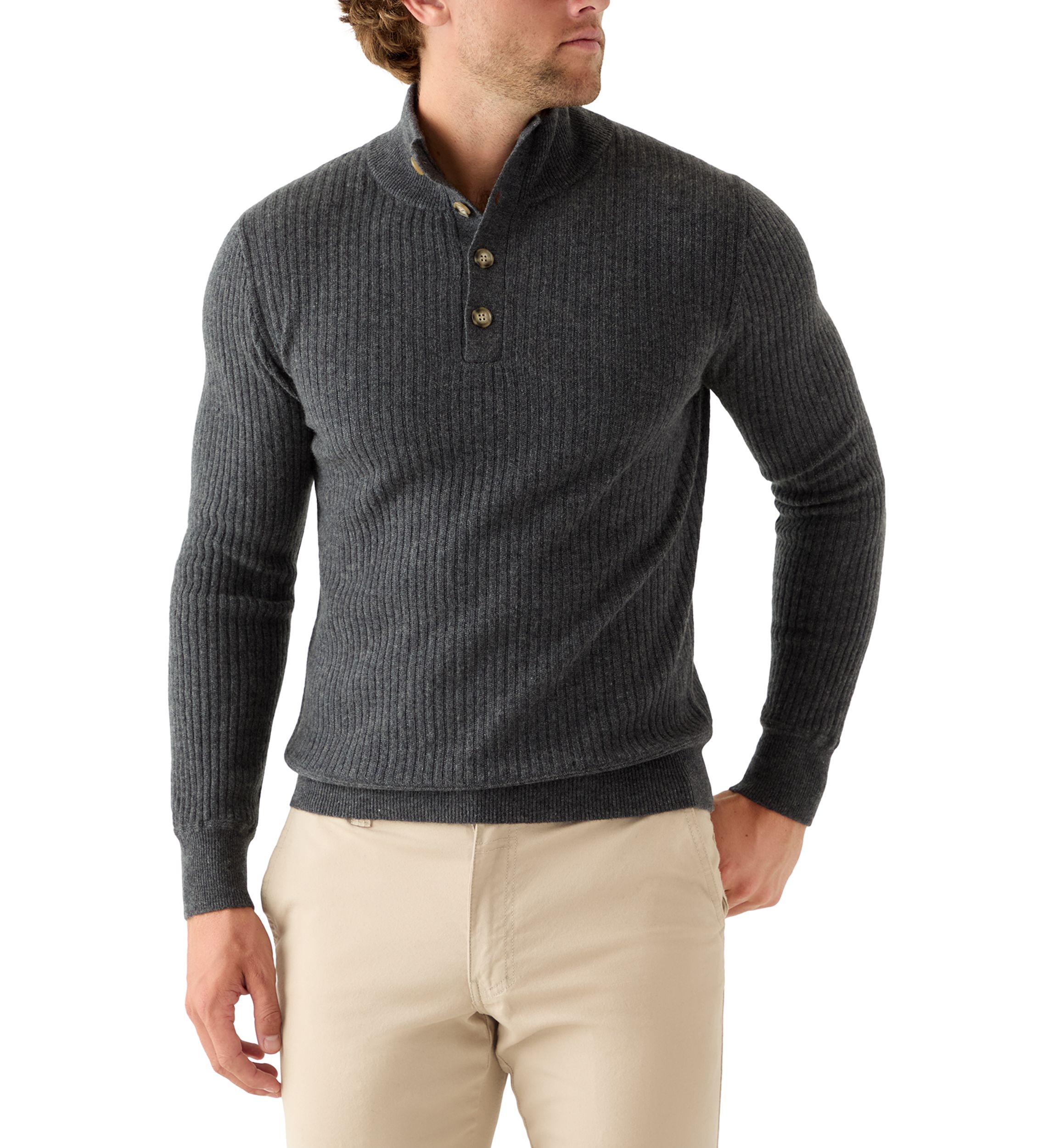 Mens Ribbed Button Neck Pullover Sweater 