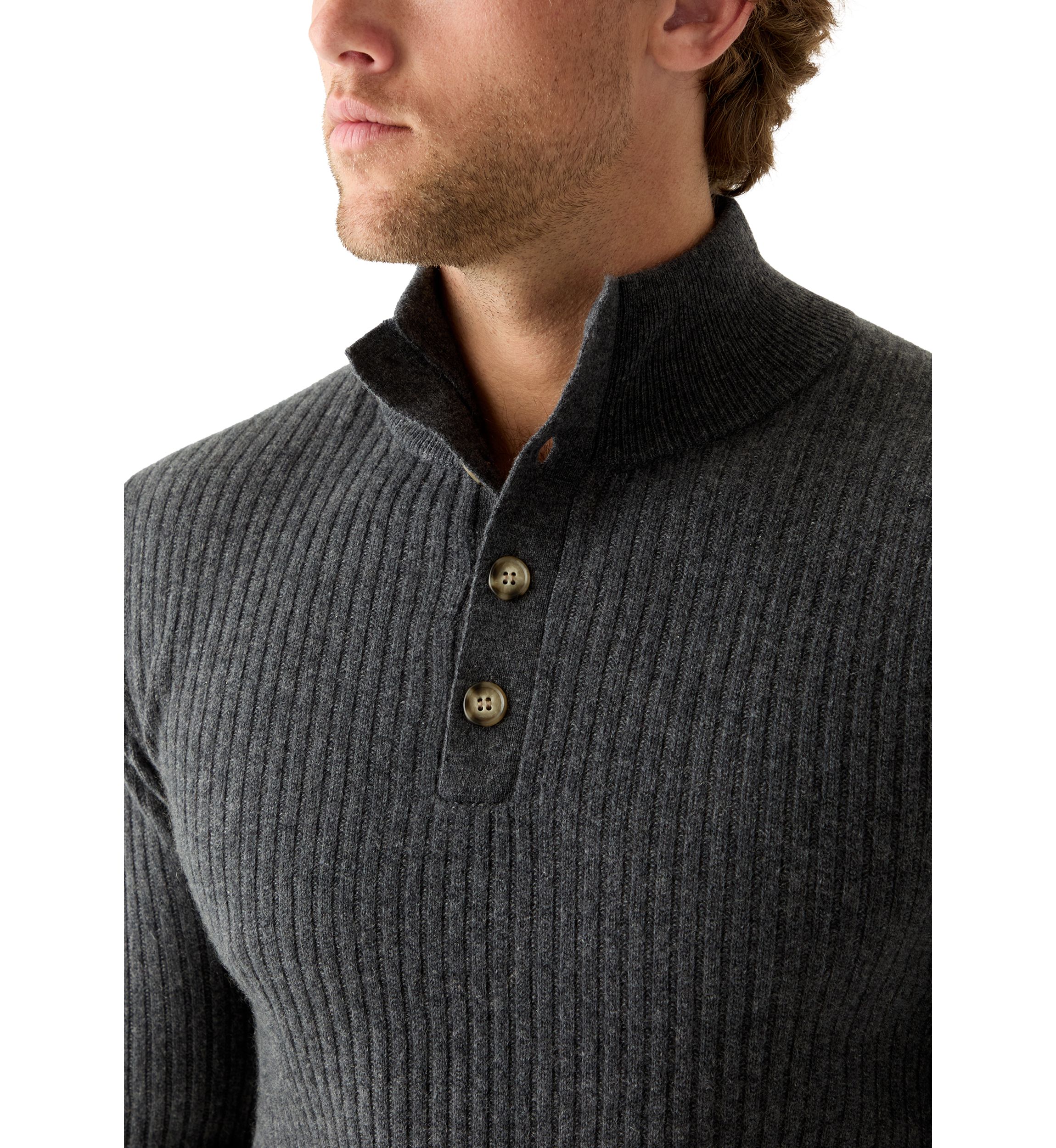 Mens Ribbed Button Neck Pullover Sweater 