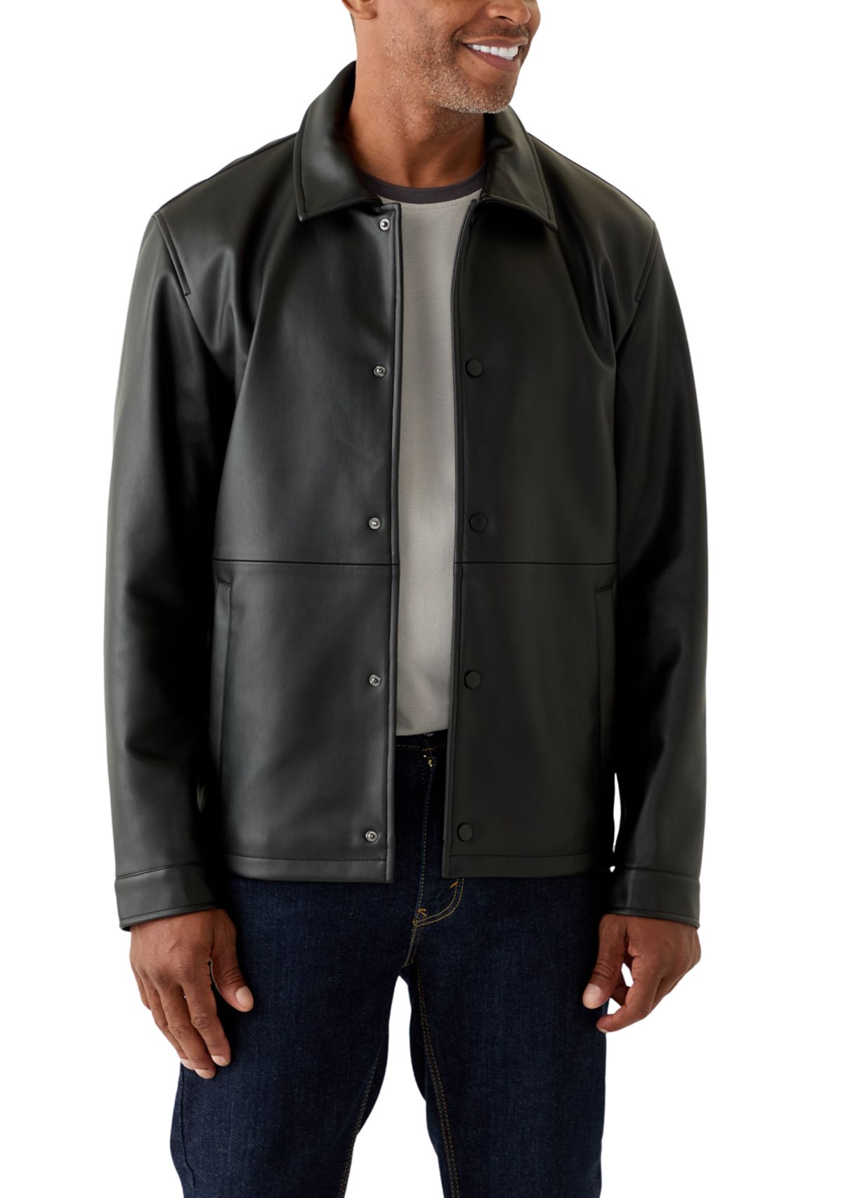 Mens Faux Leather Snap Front Shacket