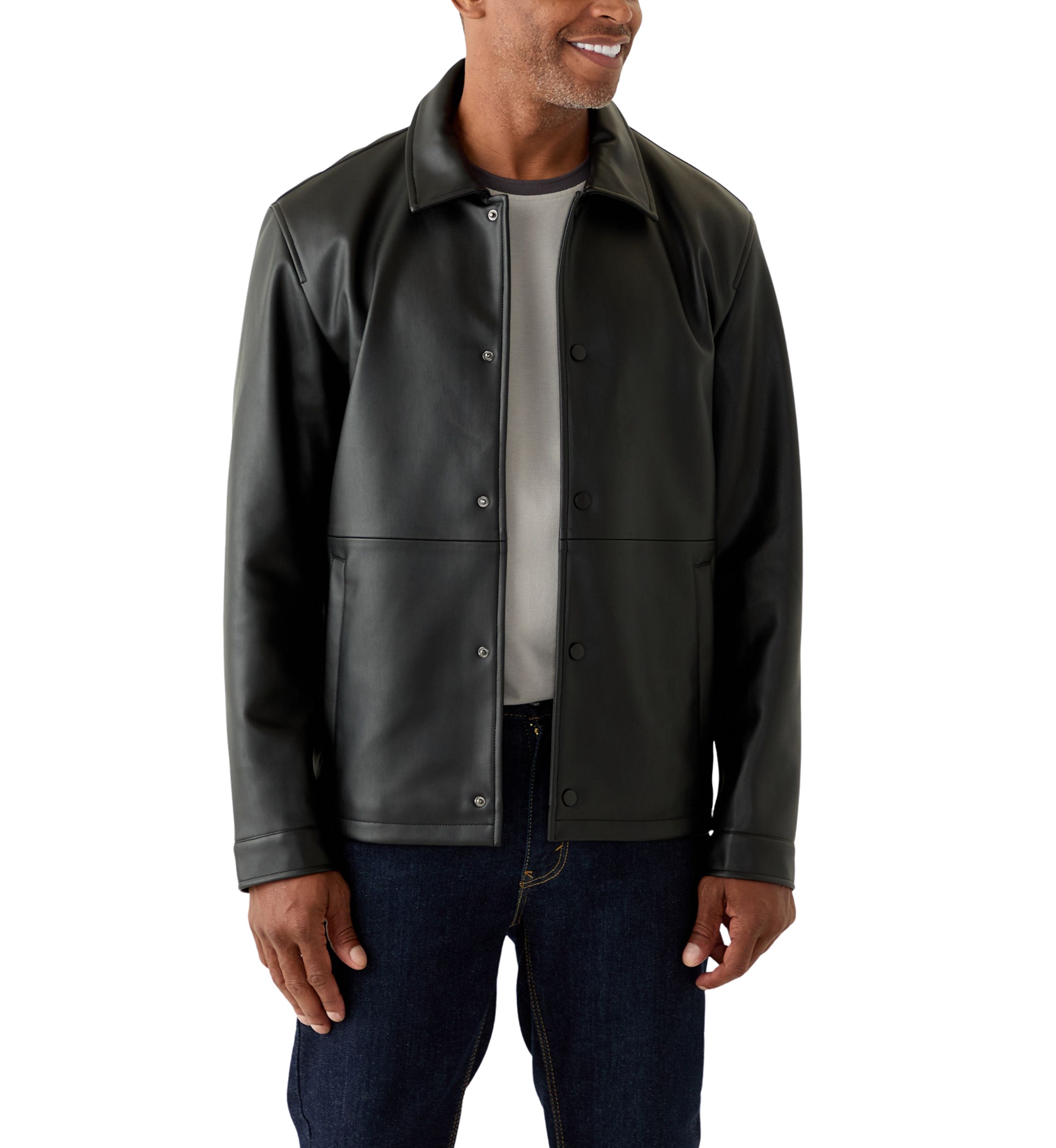 Mens Faux Leather Snap Front Shacket