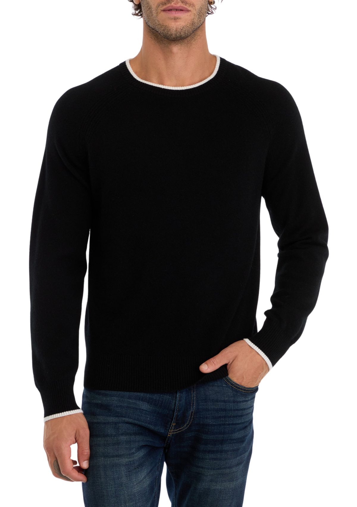 Mens Cashmere Crew Neck Pullover with Tipping