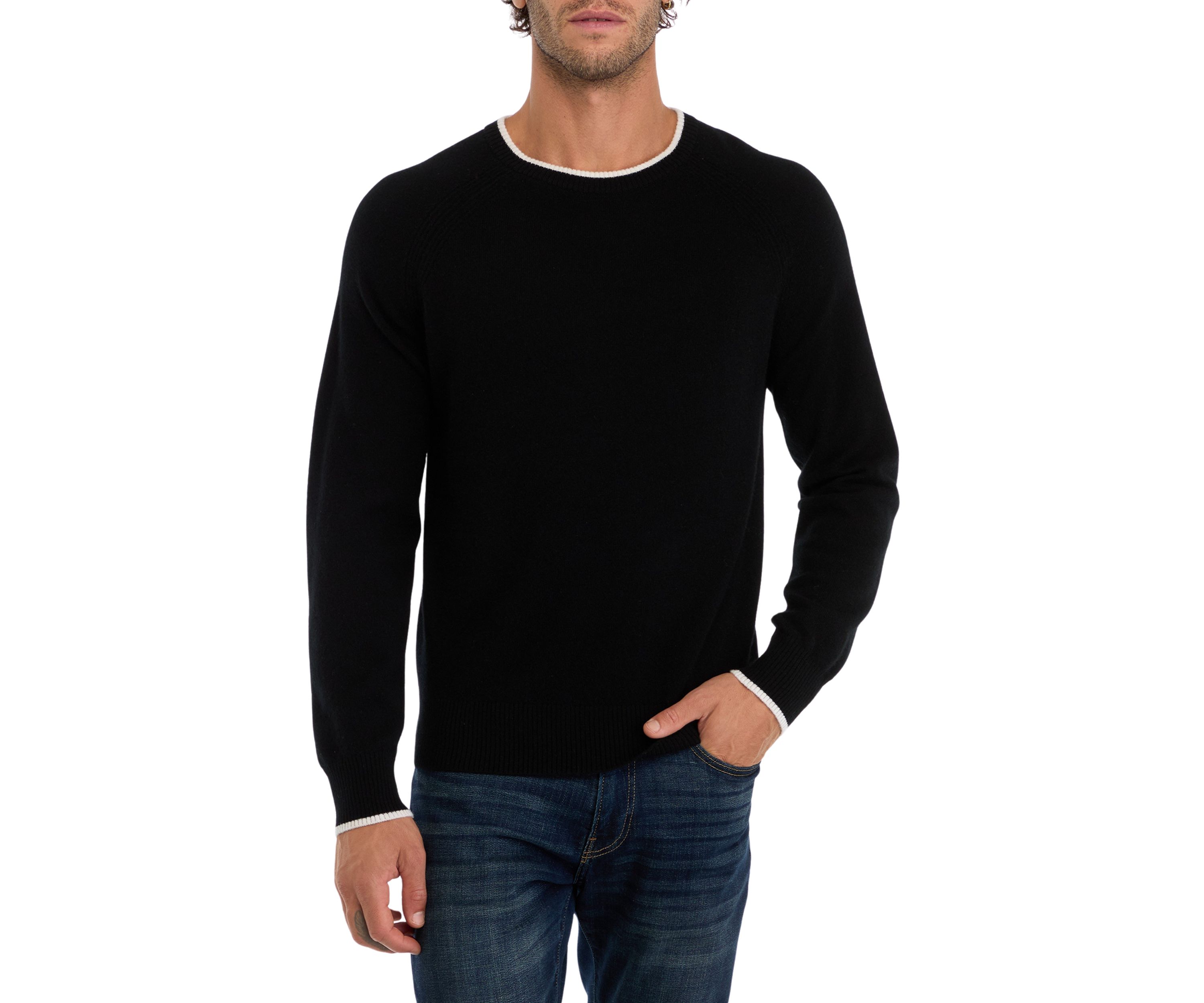 Mens Cashmere Crew Neck Pullover with Tipping