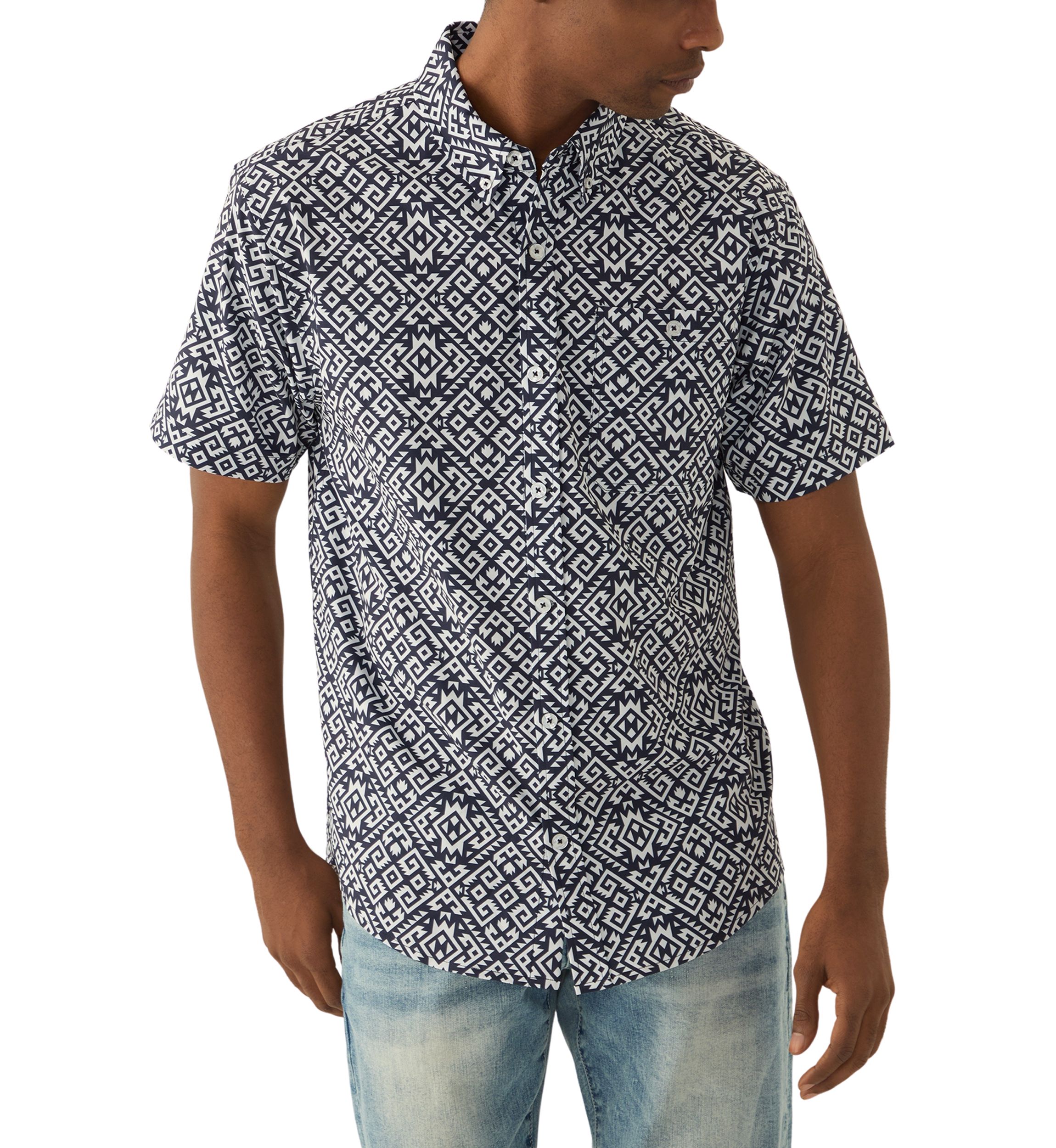 Mens Tribal Printed Tech Woven Button Down Shirt