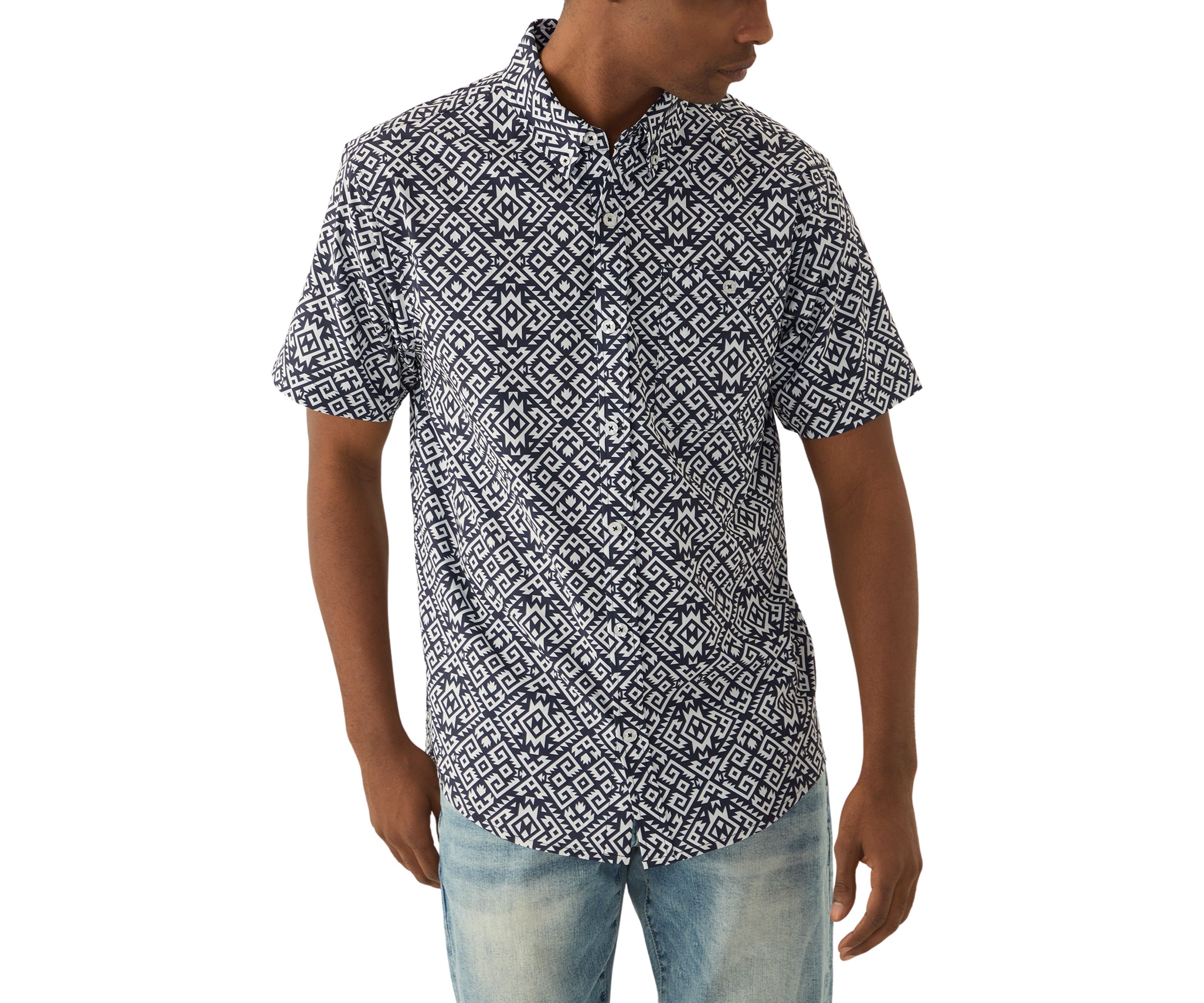 Mens Tribal Printed Tech Woven Button Down Shirt