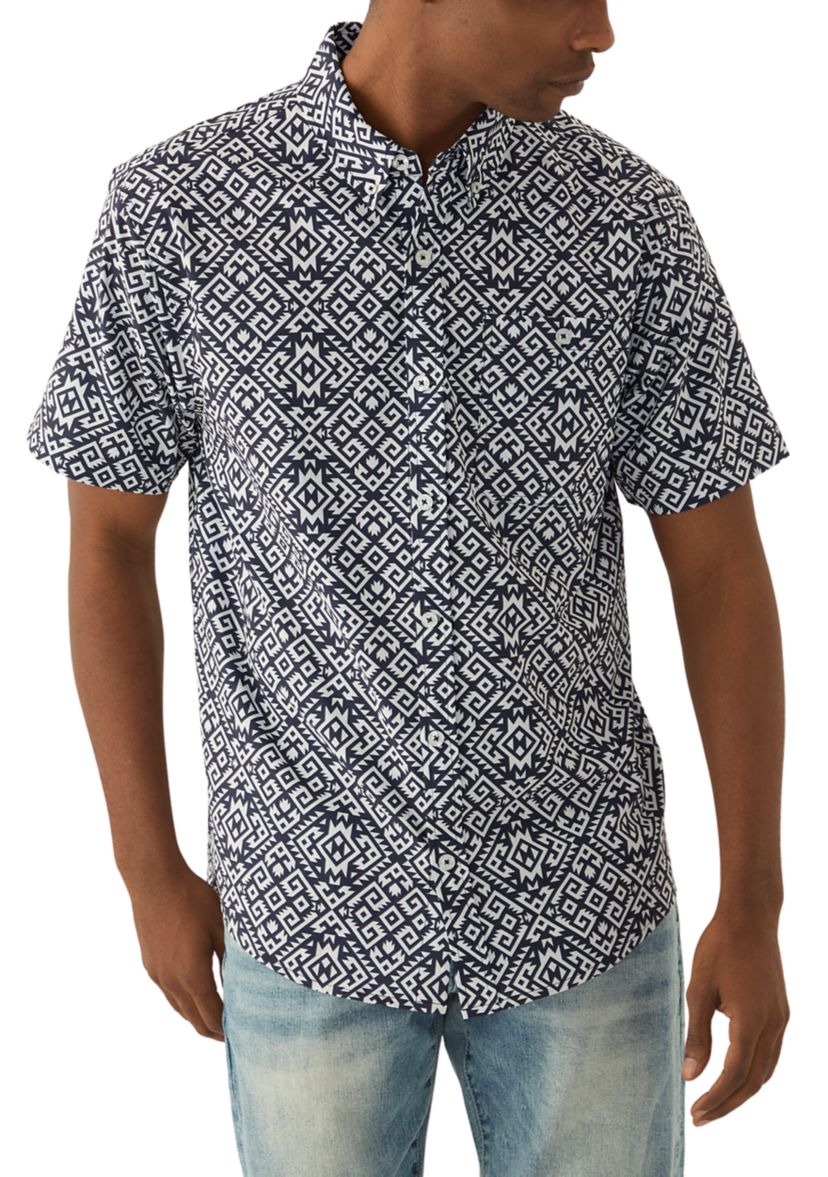 Mens Tribal Printed Tech Woven Button Down Shirt