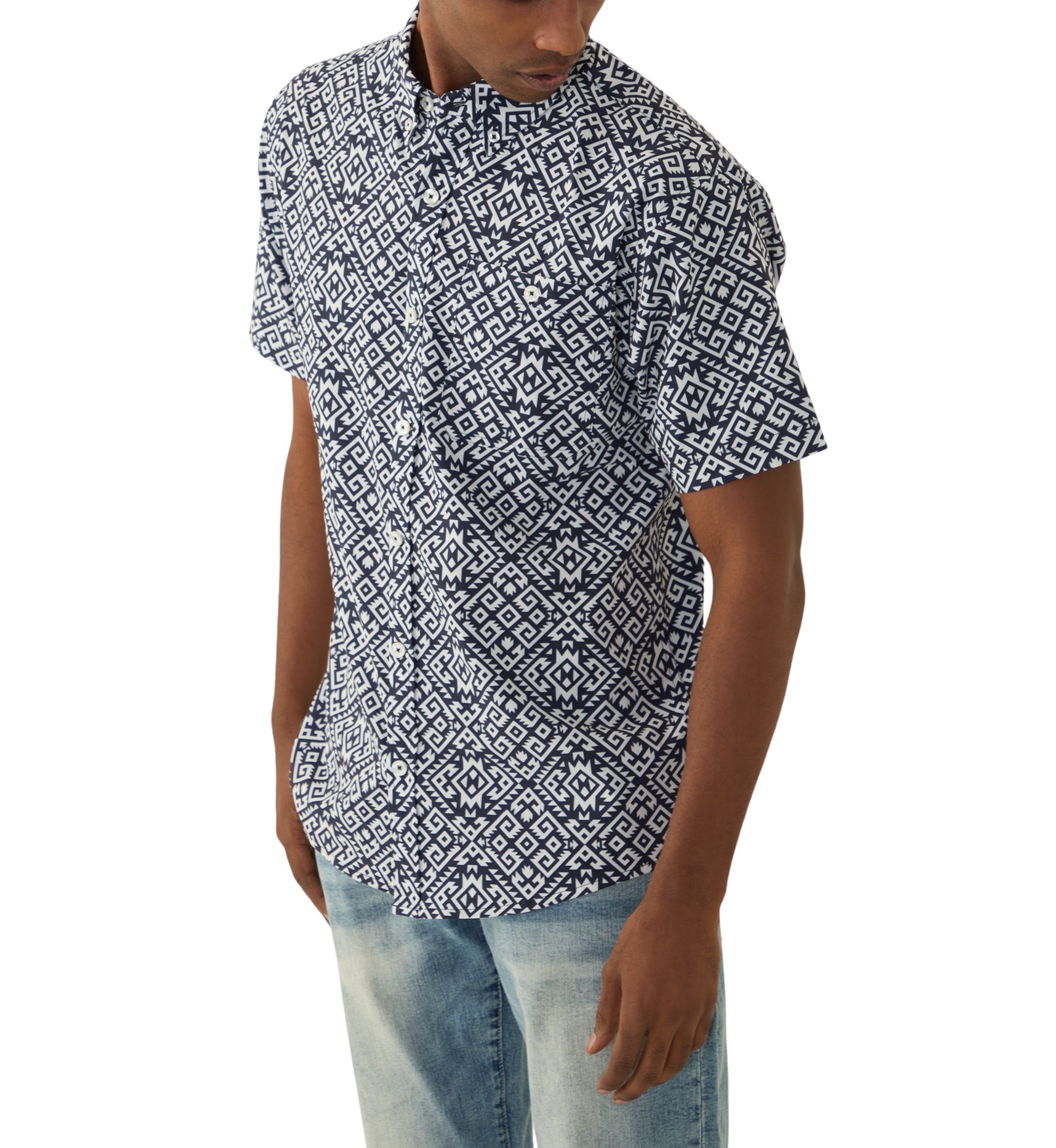 Mens Tribal Printed Tech Woven Button Down Shirt
