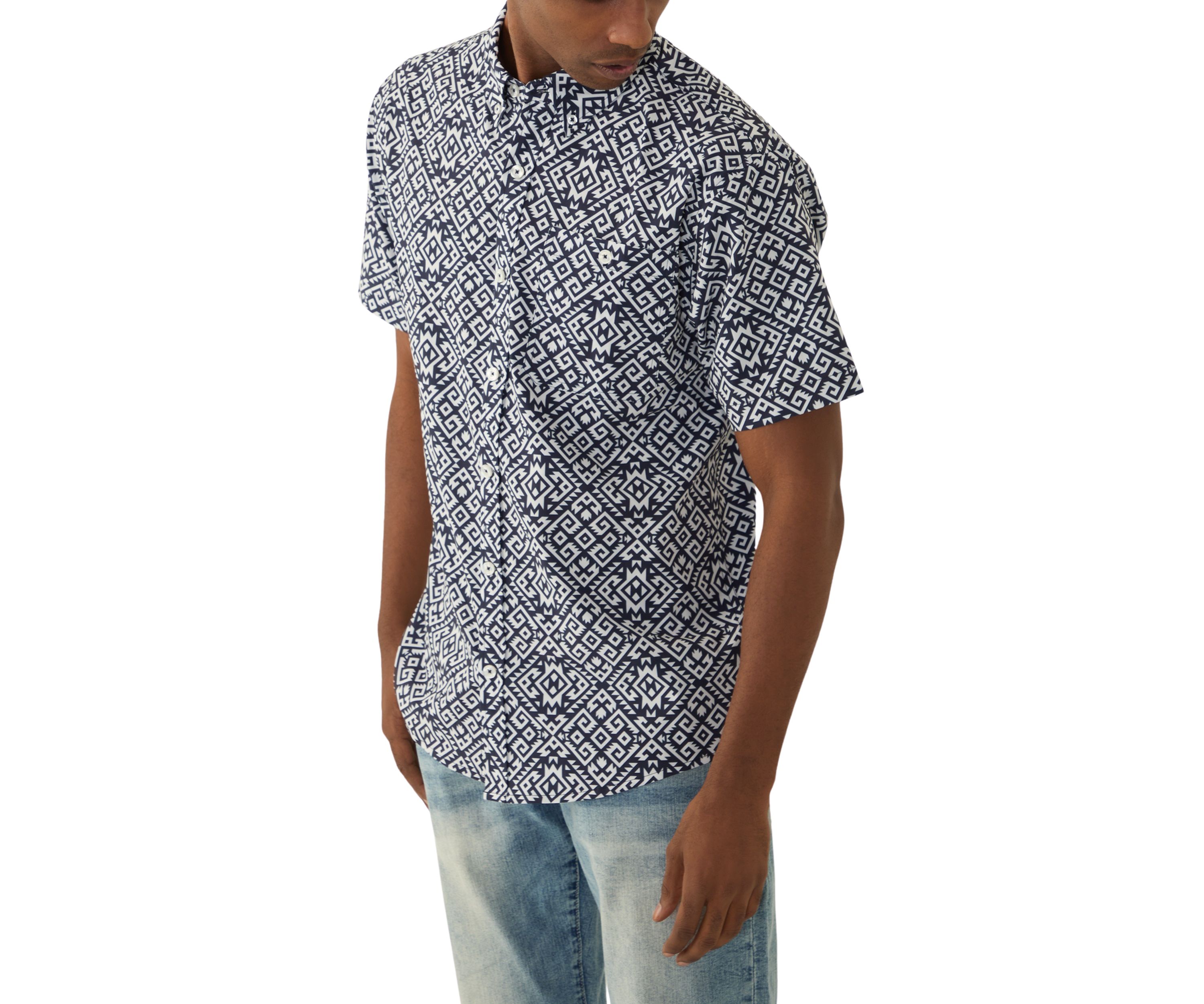 Mens Tribal Printed Tech Woven Button Down Shirt