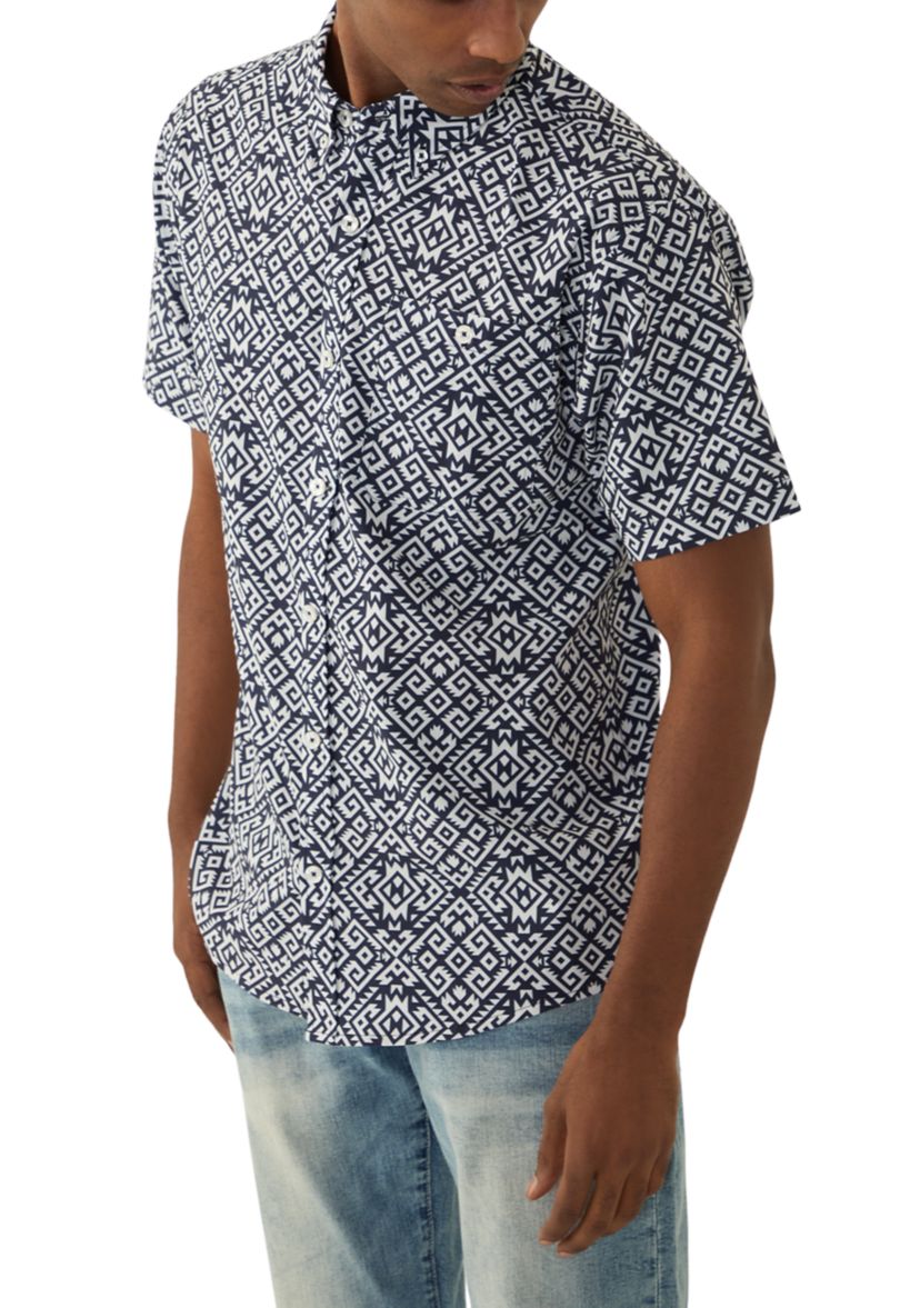 Mens Tribal Printed Tech Woven Button Down Shirt