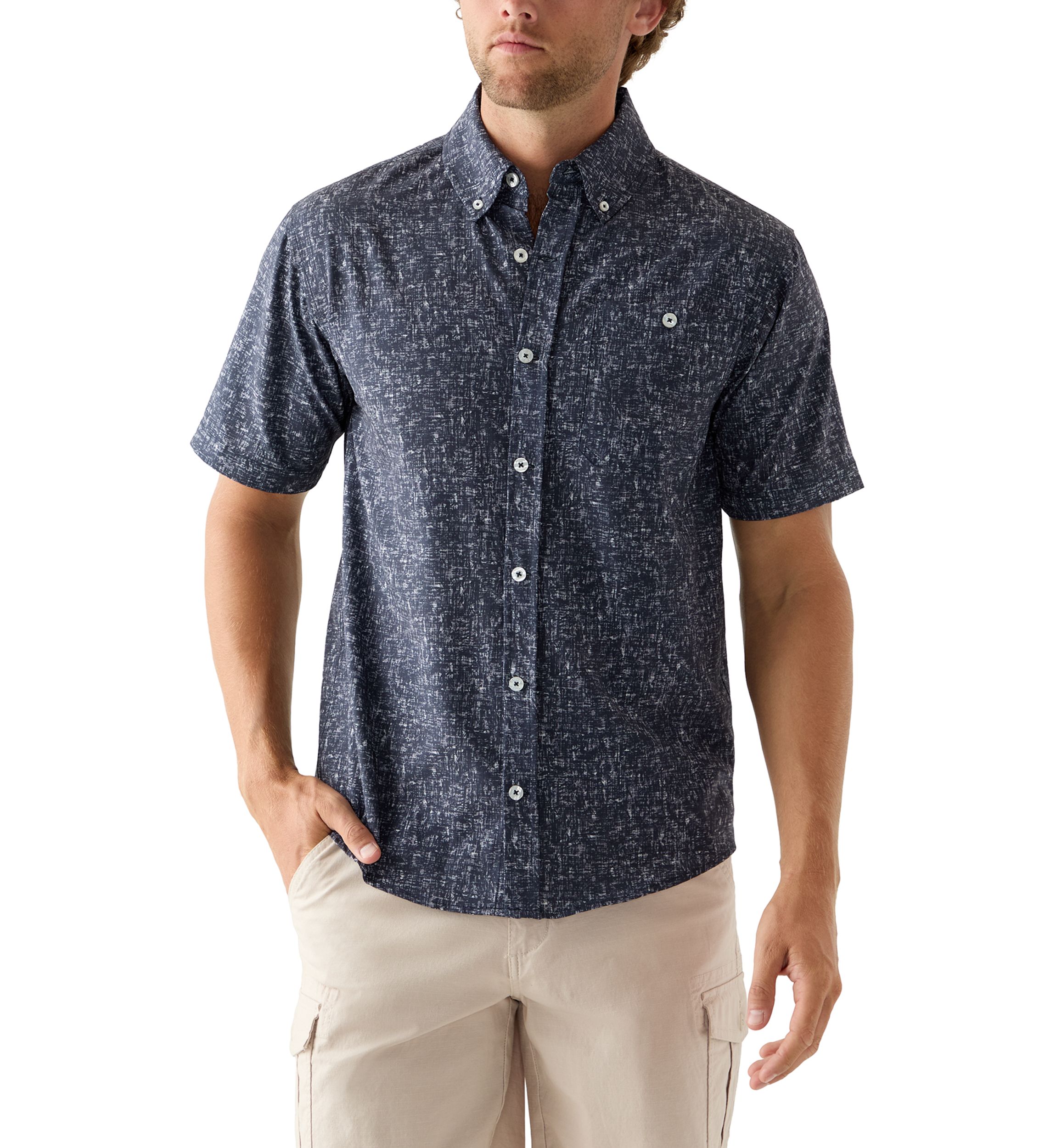 Mens Short Sleeve Printed Woven Button Down Shirt