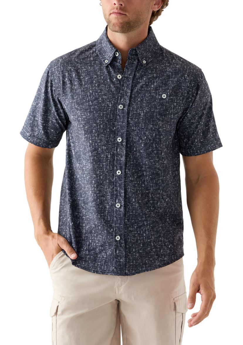 Mens Short Sleeve Printed Woven Button Down Shirt