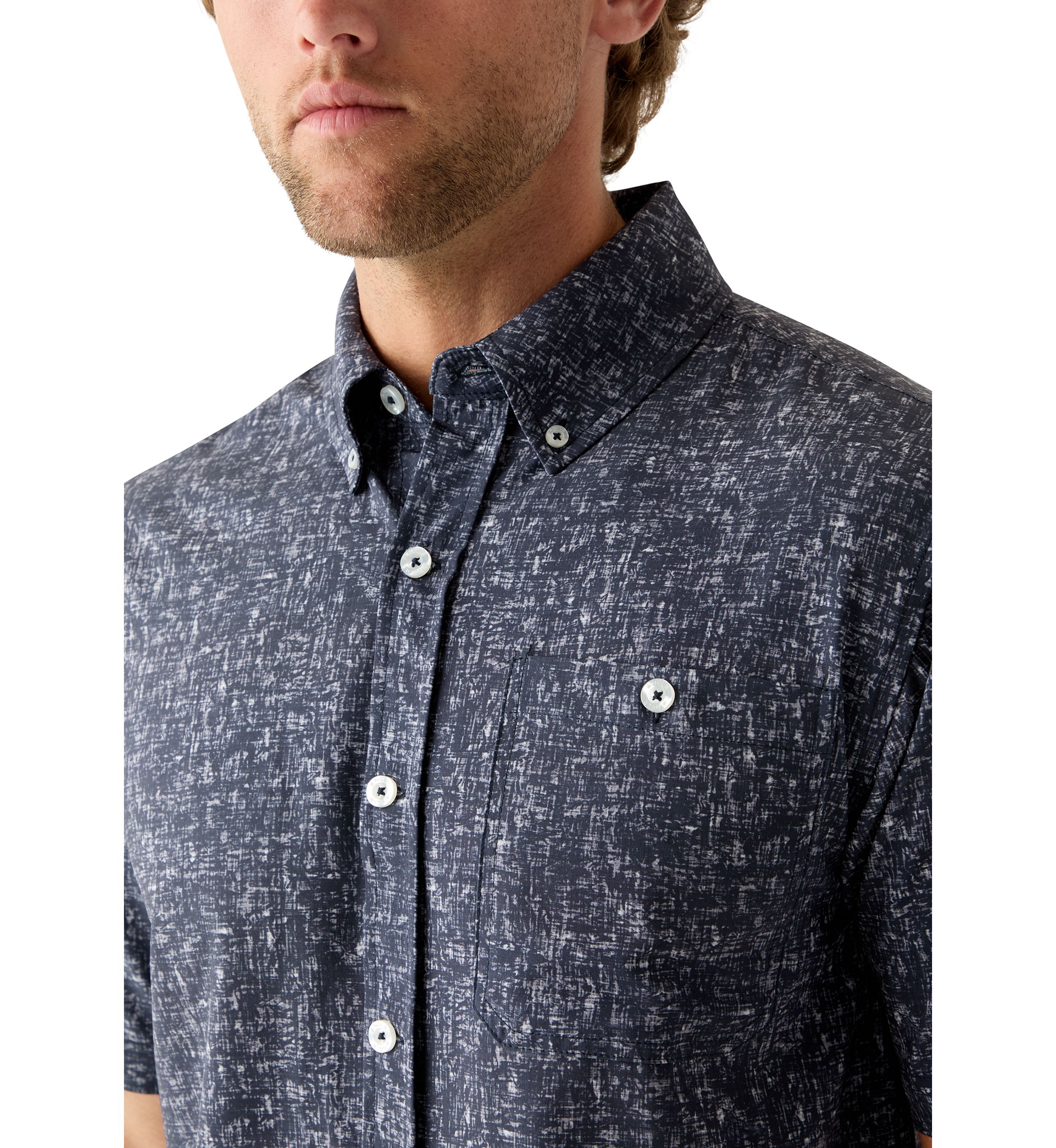 Mens Short Sleeve Printed Woven Button Down Shirt
