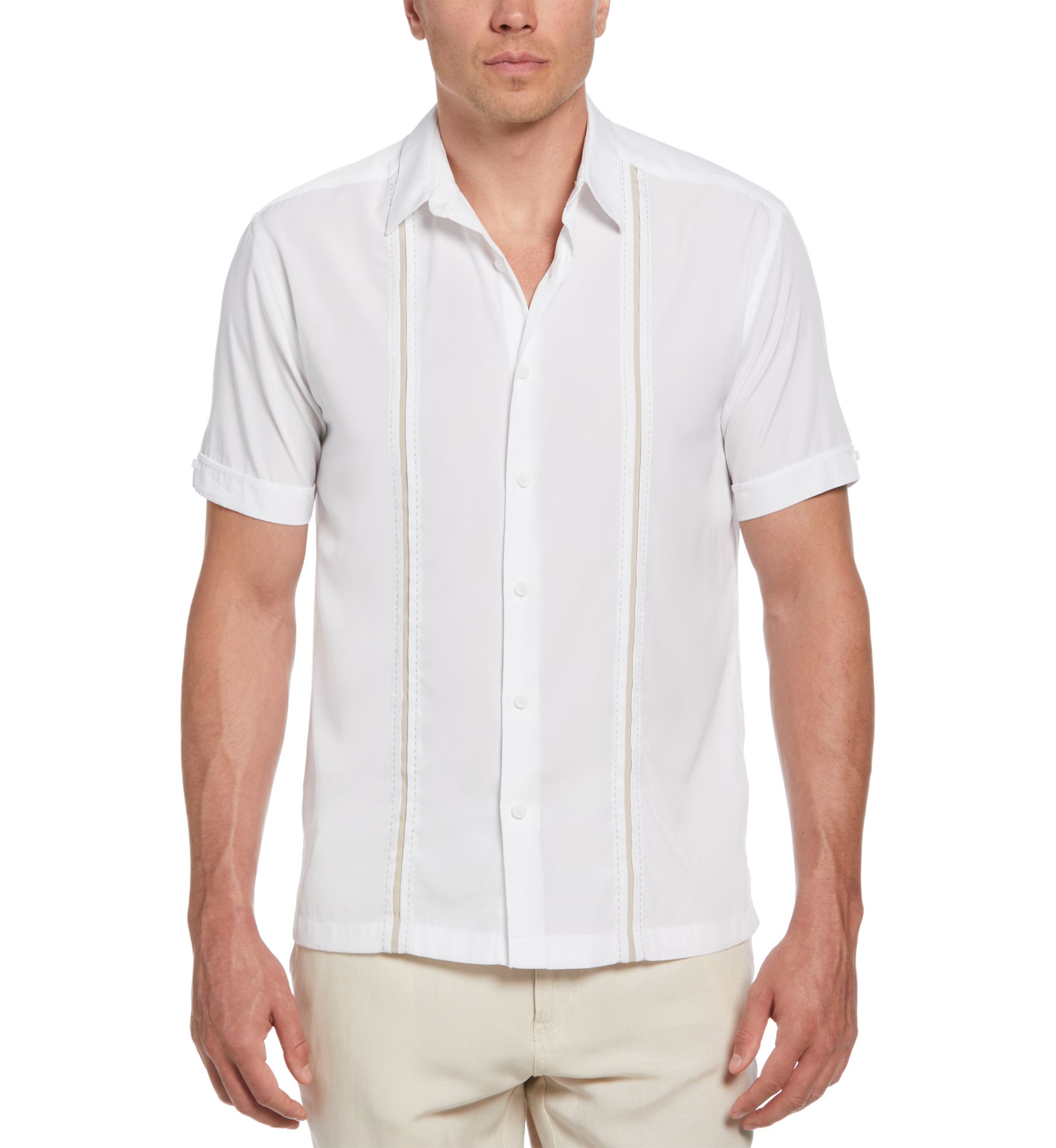 Pick Stitch Panel Short Sleeve Button-Down Shirt
