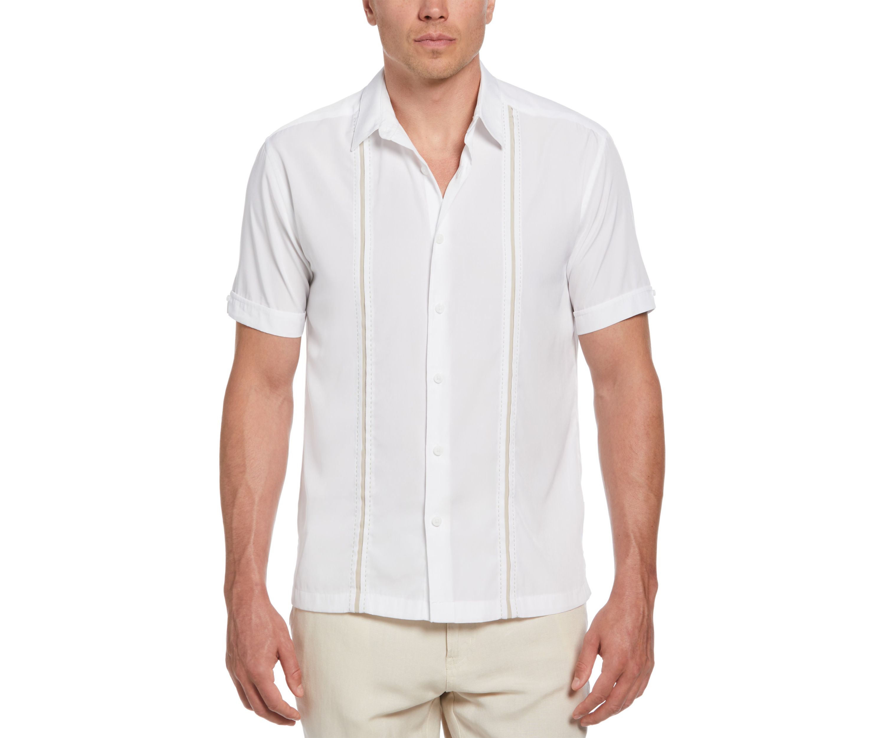 Pick Stitch Panel Short Sleeve Button-Down Shirt
