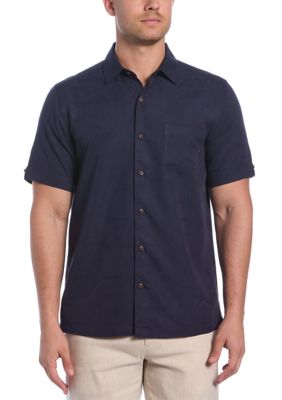Cubavera Men's Two-Tone One Pocket Floral Print Short Sleeve Button-Down Shirt, Navy Blue, Small
