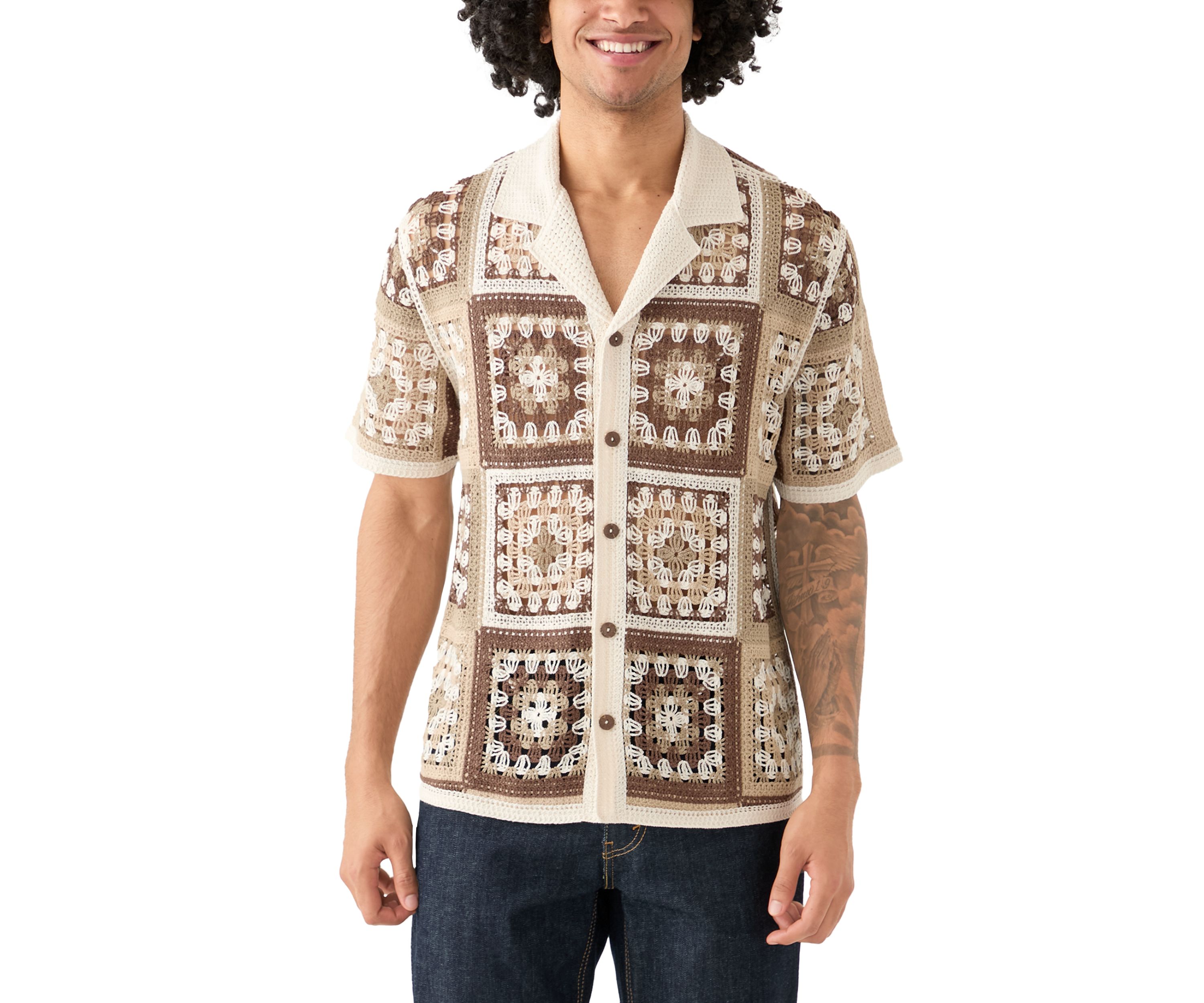 Mens Printed Notch Crochet Shirt