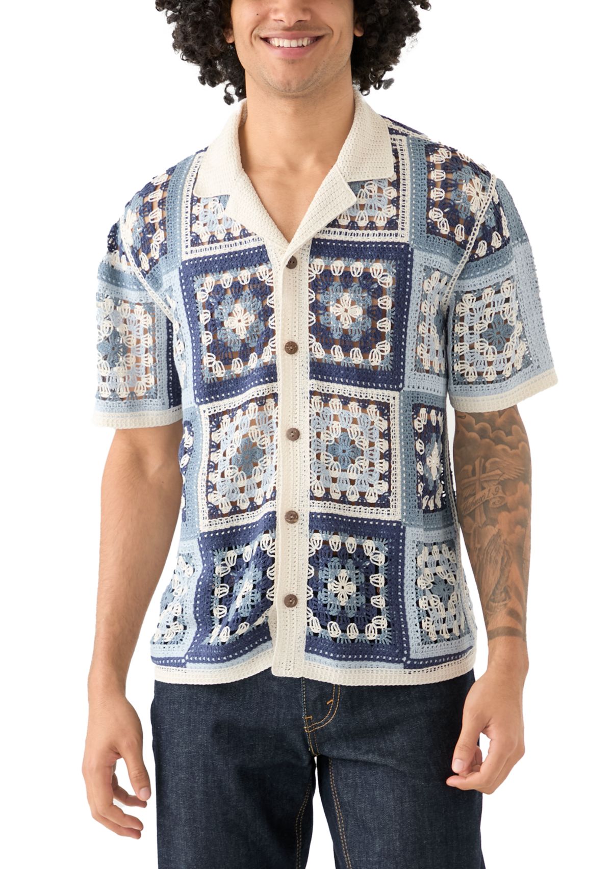 Mens Short Sleeve Notch Collar Crochet Shirt
