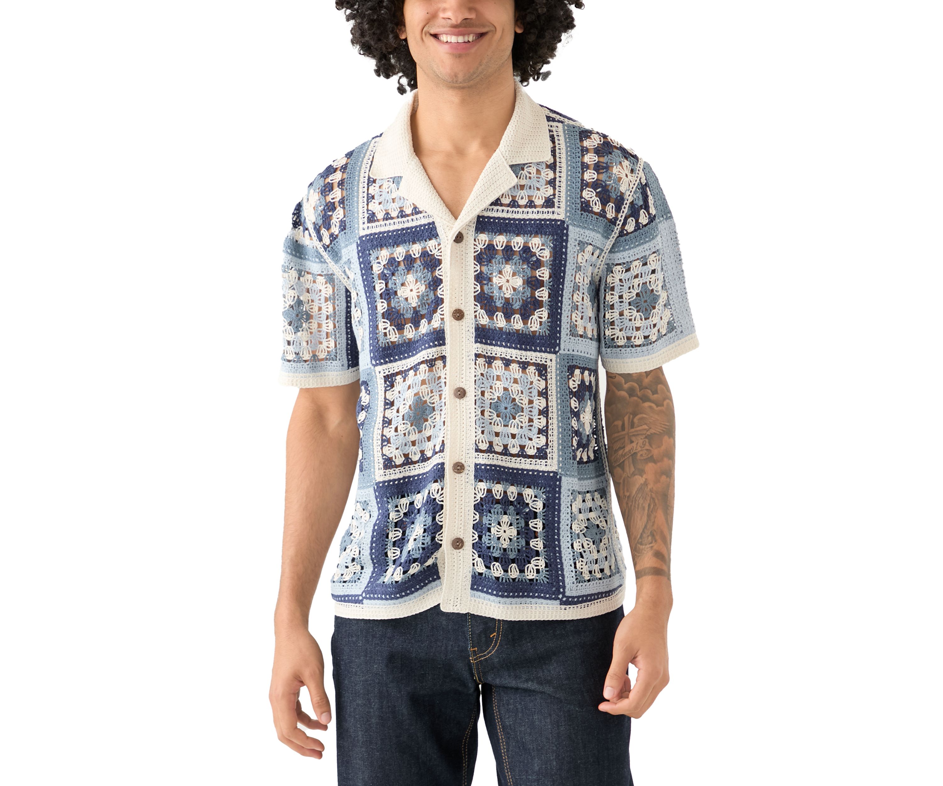 Mens Short Sleeve Notch Collar Crochet Shirt
