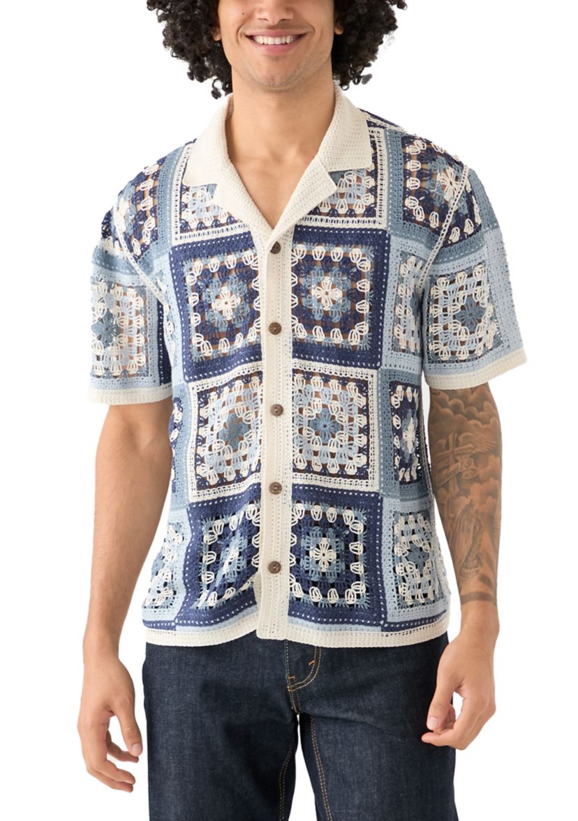 Mens Short Sleeve Notch Collar Crochet Shirt