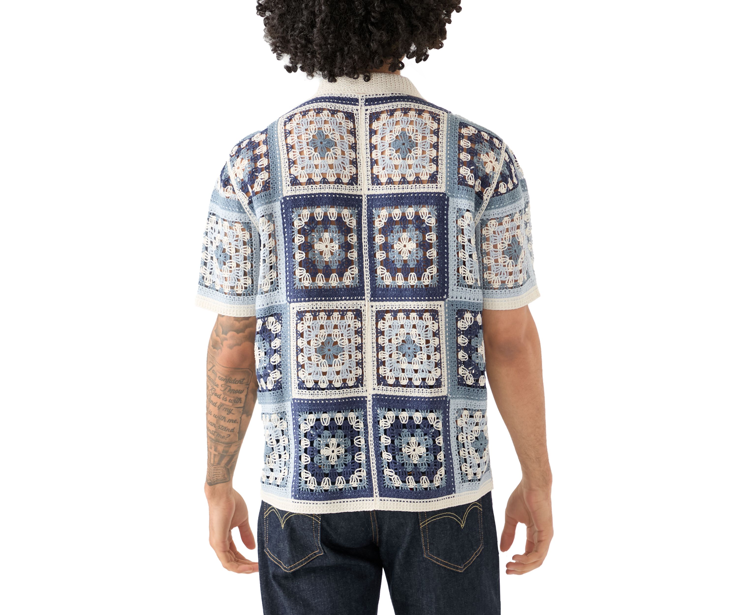 Mens Short Sleeve Notch Collar Crochet Shirt