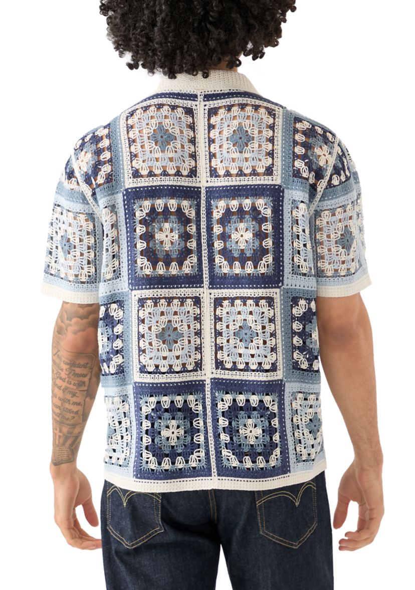Mens Short Sleeve Notch Collar Crochet Shirt