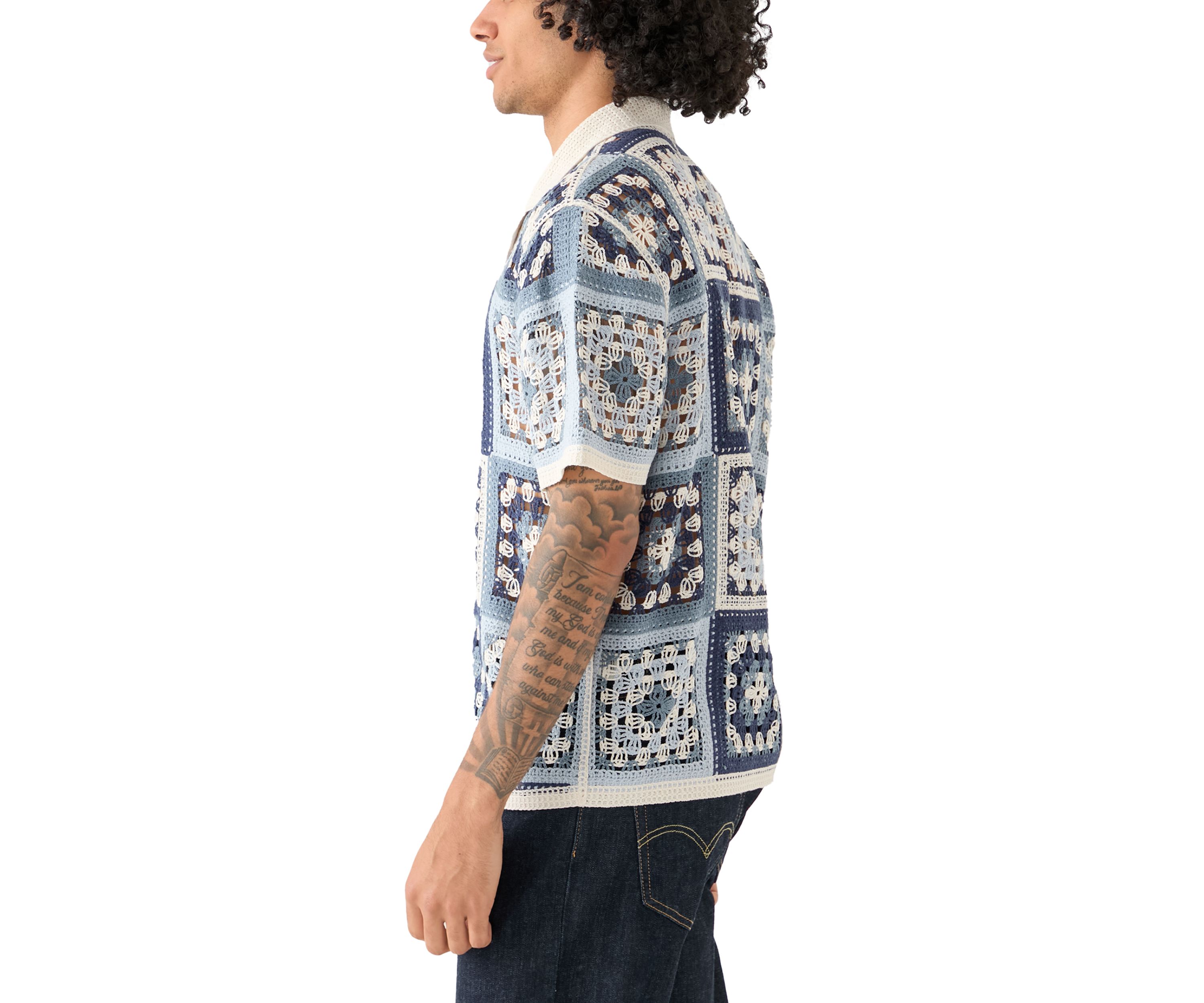 Mens Short Sleeve Notch Collar Crochet Shirt