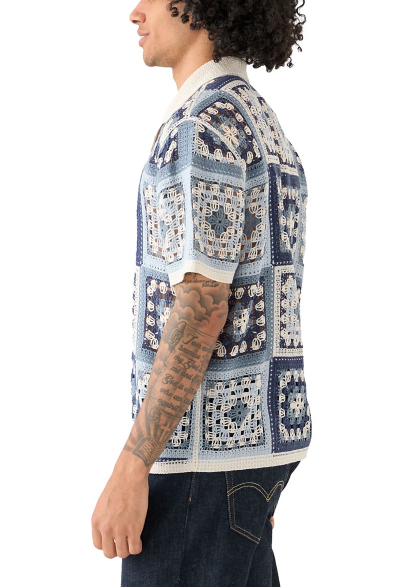 Mens Short Sleeve Notch Collar Crochet Shirt