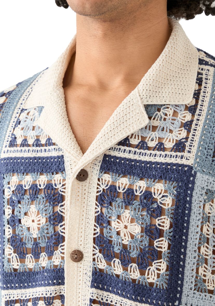 Mens Short Sleeve Notch Collar Crochet Shirt