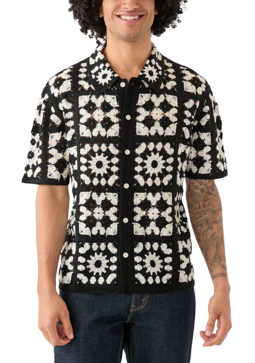 Mens Short Sleeve Crochet Button Down Shirt