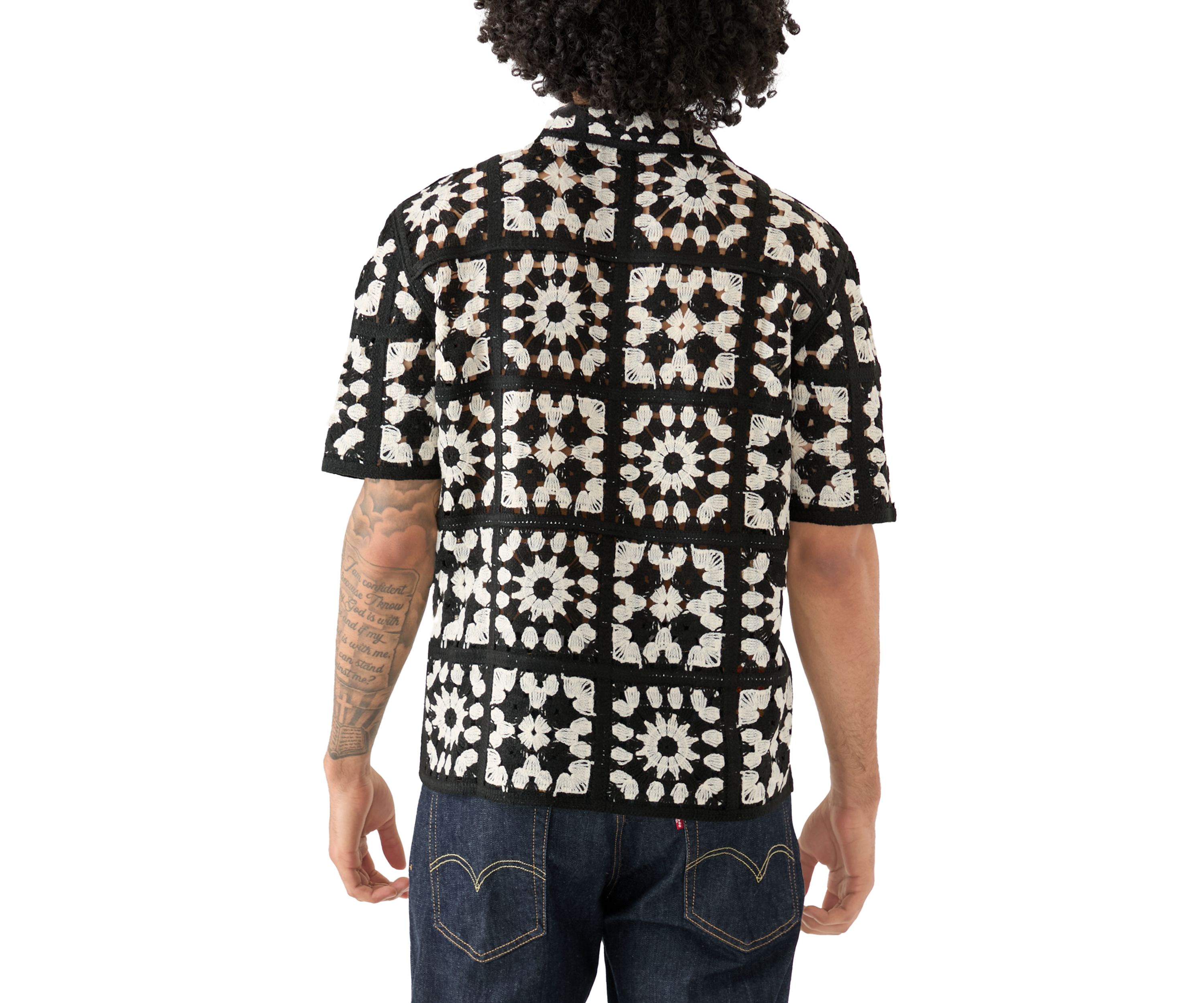 Mens Short Sleeve Crochet Button Down Shirt