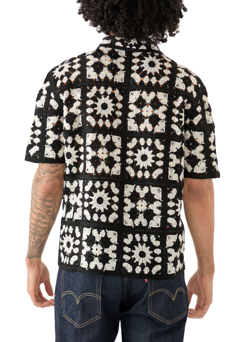 Mens Short Sleeve Crochet Button Down Shirt