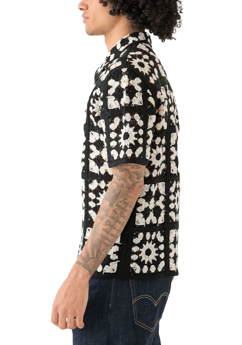 Mens Short Sleeve Crochet Button Down Shirt