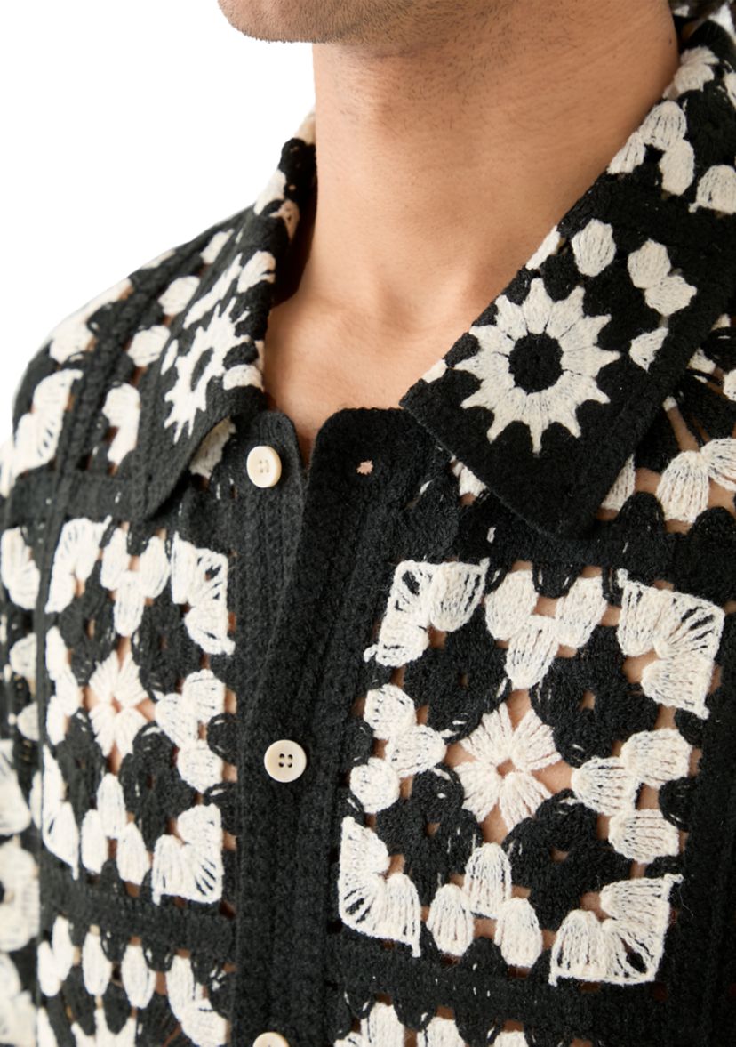 Mens Short Sleeve Crochet Button Down Shirt