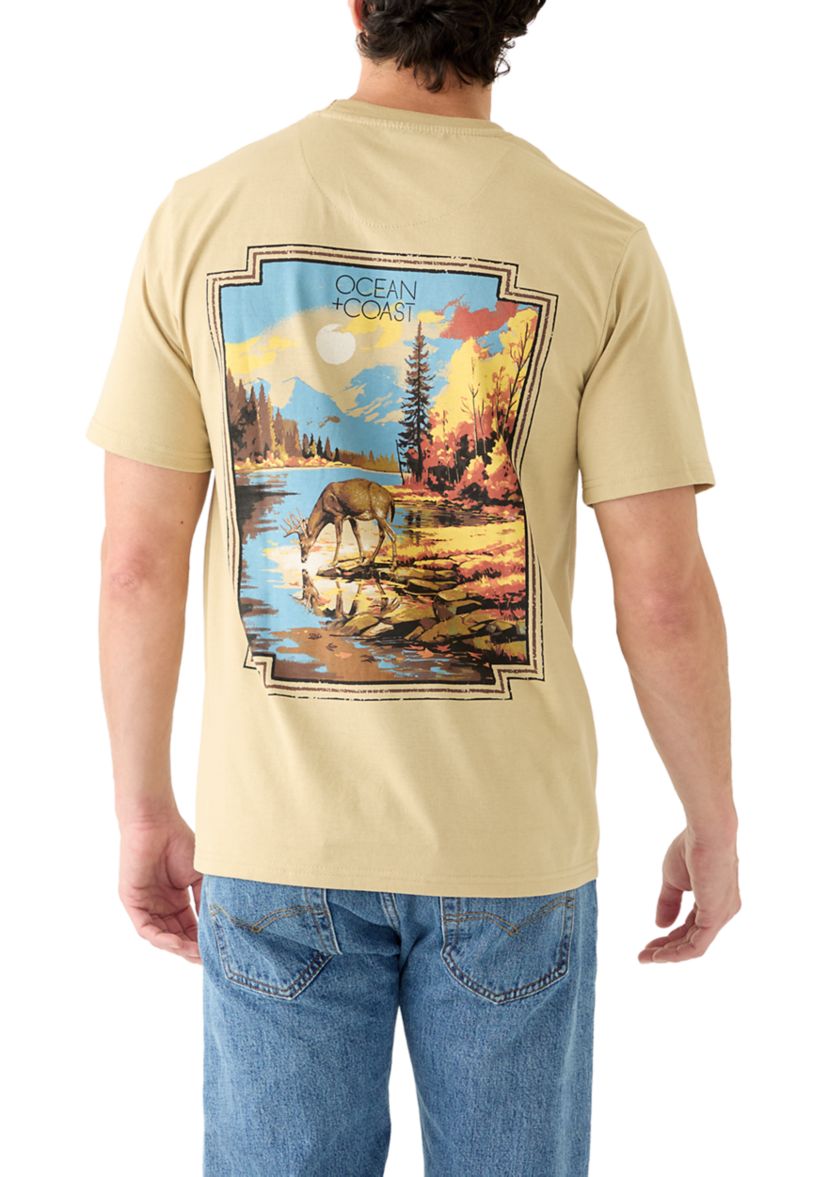 Mens Short Sleeve Mountain Deer Graphic T-Shirt