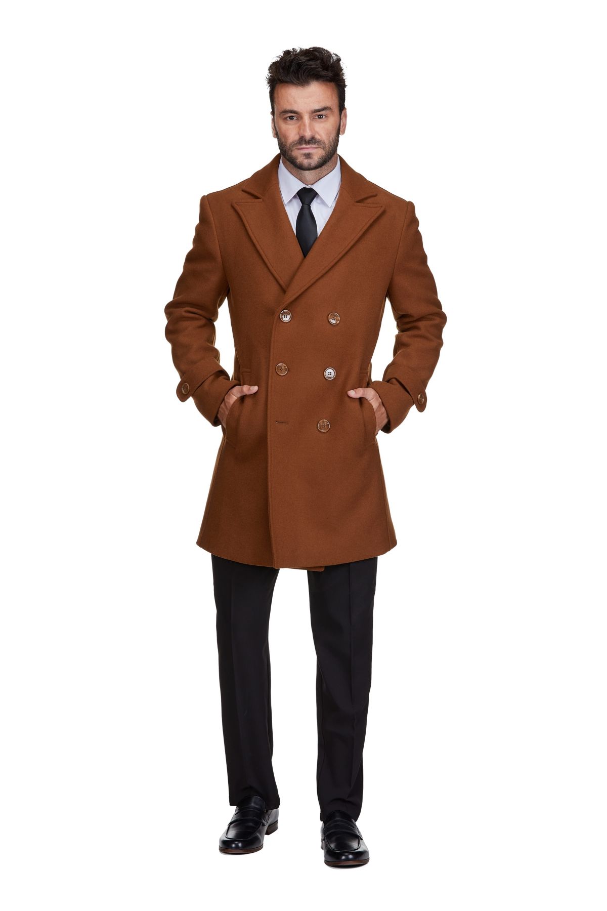 Mens Double Breasted Pea Coat Wool Blend Dress Jacket Peacoat