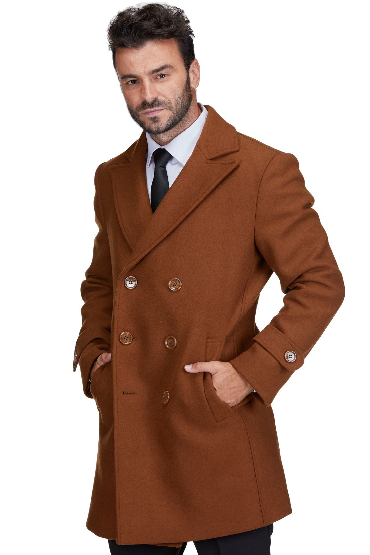 Mens Double Breasted Pea Coat Wool Blend Dress Jacket Peacoat