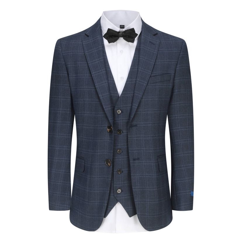Mens Slim Fit 3PC Tailored Blue Check Suit