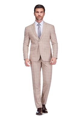 Men's Gino Vitale Slim Fit 2-Piece Performance Four-Way Stretch Plaid Suit, Tan, 46 Short