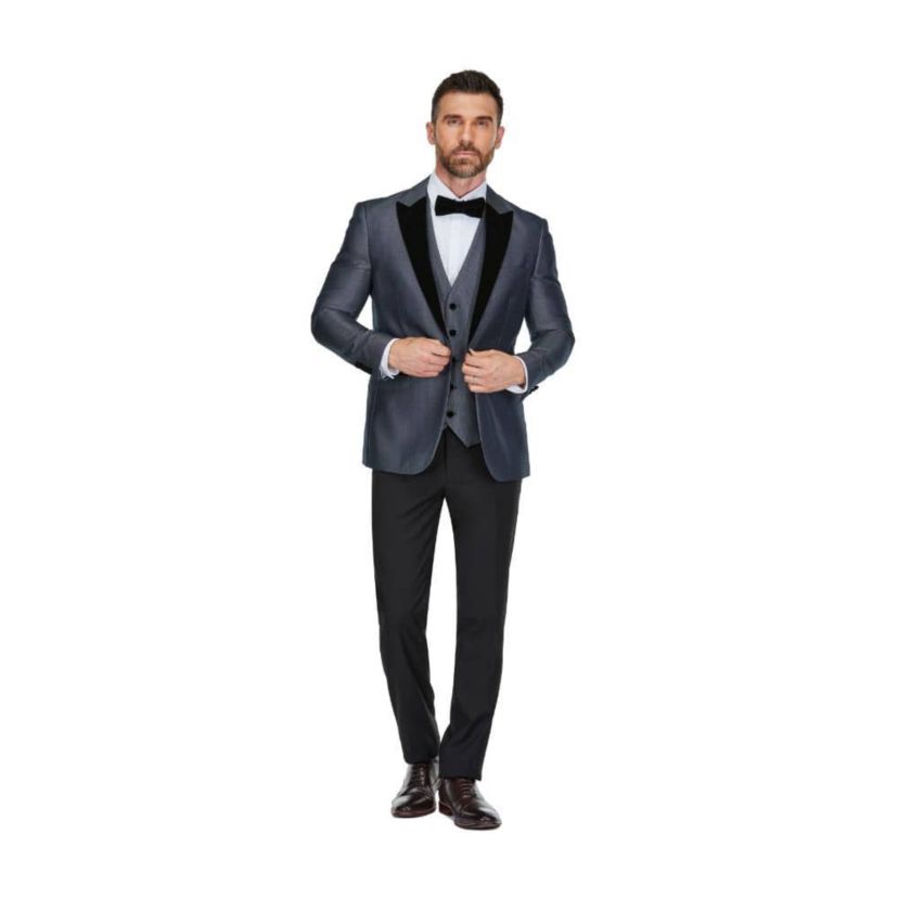 Mens 3-Piece Peak Lapel Satin Trim Tuxedo with Subtle Sheen