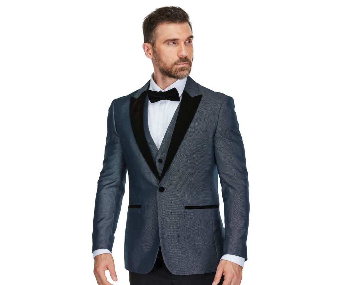 Mens 3-Piece Peak Lapel Satin Trim Tuxedo with Subtle Sheen