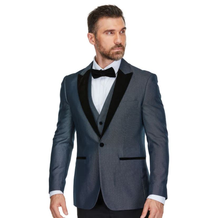 Mens 3-Piece Peak Lapel Satin Trim Tuxedo with Subtle Sheen