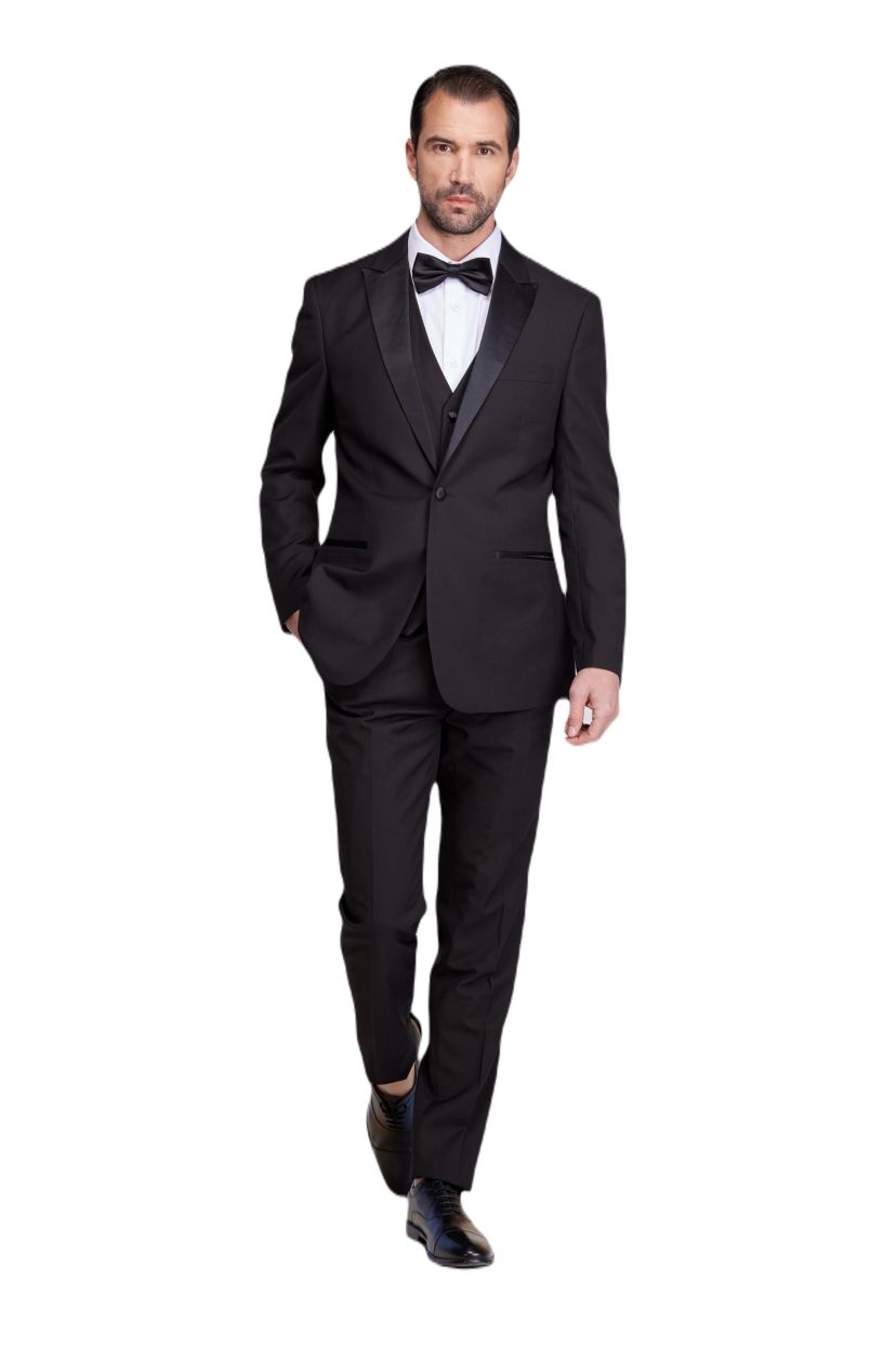 Mens Slim-Fit 3PC Satin Peak Lapel Tuxedo