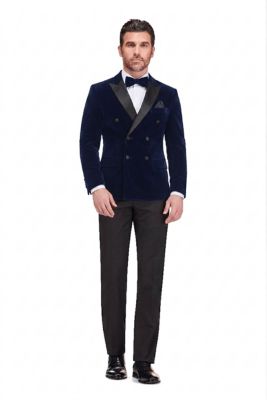 Gino Vitale Men's 2-Piece Velvet Birdseye Lapel Double-Breasted Slim-Fit Tuxedo With Performance Stretch Pants, Blue, 44 Regular