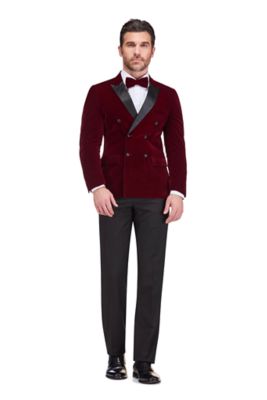 Gino Vitale Men's 2-Piece Velvet Birdseye Lapel Double-Breasted Slim-Fit Tuxedo With Performance Stretch Pants, Burgundy, 50 Long