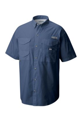 Columbia PFG Short-Sleeve Omni-Shade Open Collar Fishing Shirt (Box Shirt) - Men's Size M (approx.) polyester navy blue type Vintage Second Hand