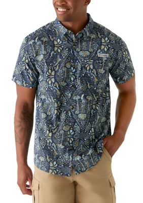 Columbia Men's PFG Harbor Peak Printed Short Sleeve Shirt, Navy Blue, 2XL