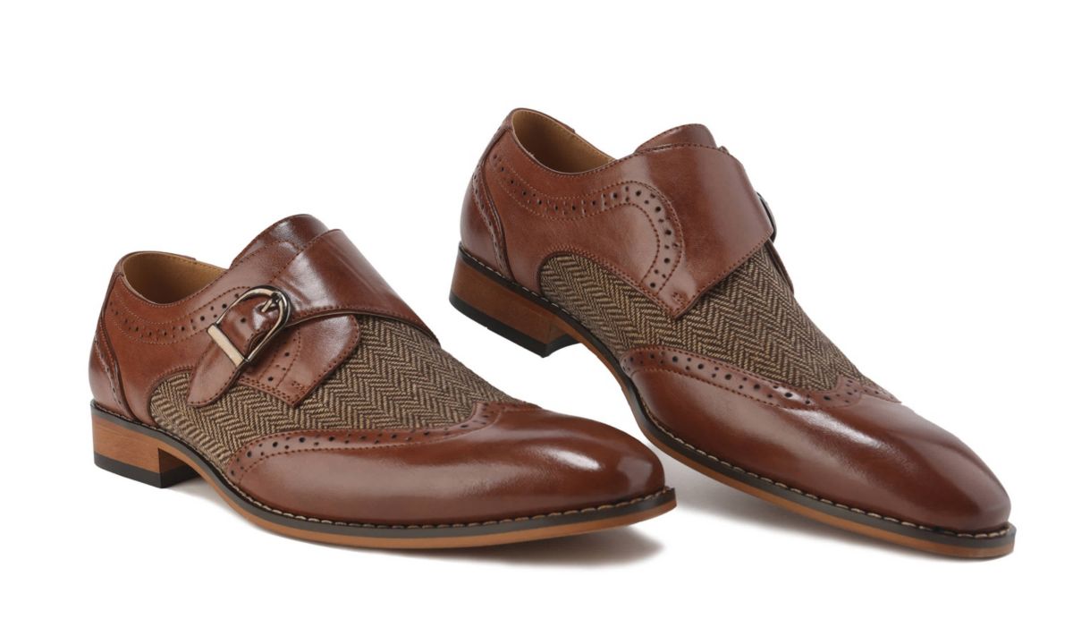 Mens Monk Strap Herringbone Dress Shoes
