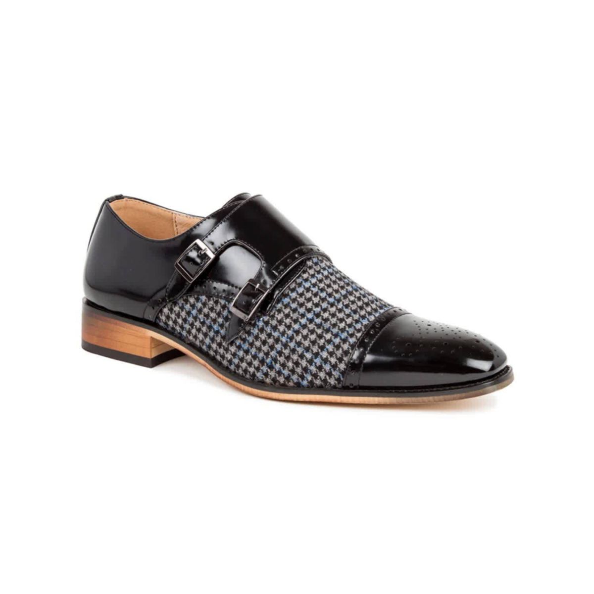 Double Monk Strap Houndstooth Medallion Cap Toe Dress Shoes