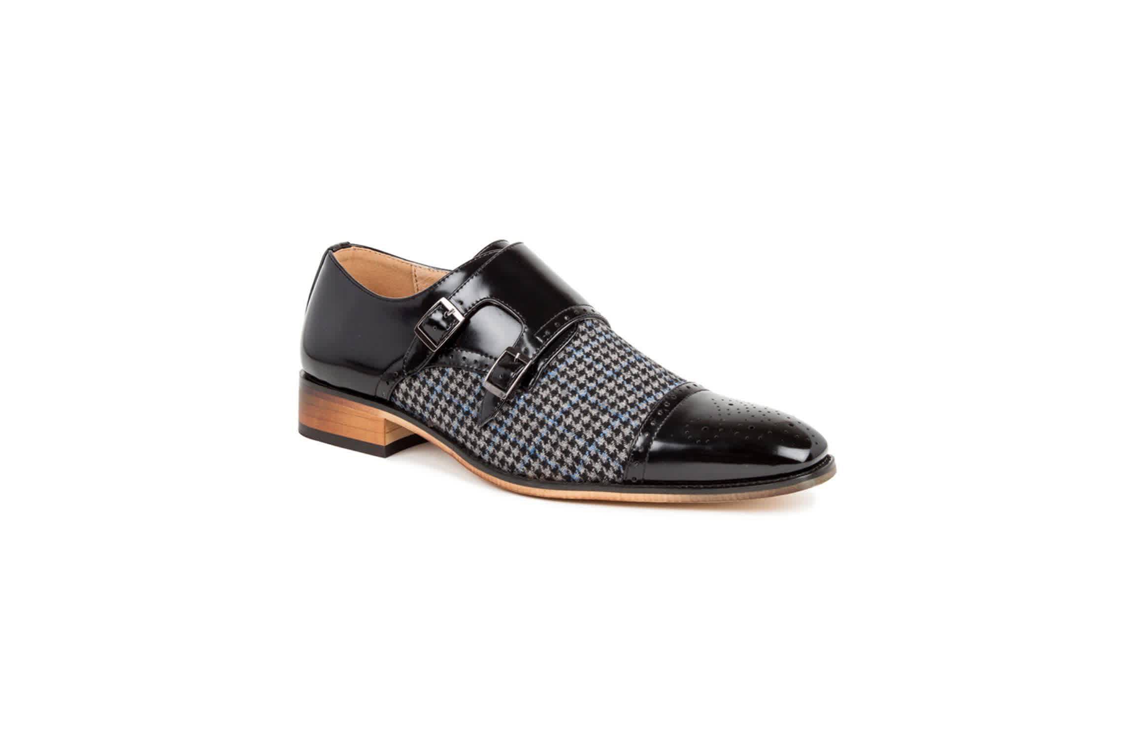 Double Monk Strap Houndstooth Medallion Cap Toe Dress Shoes