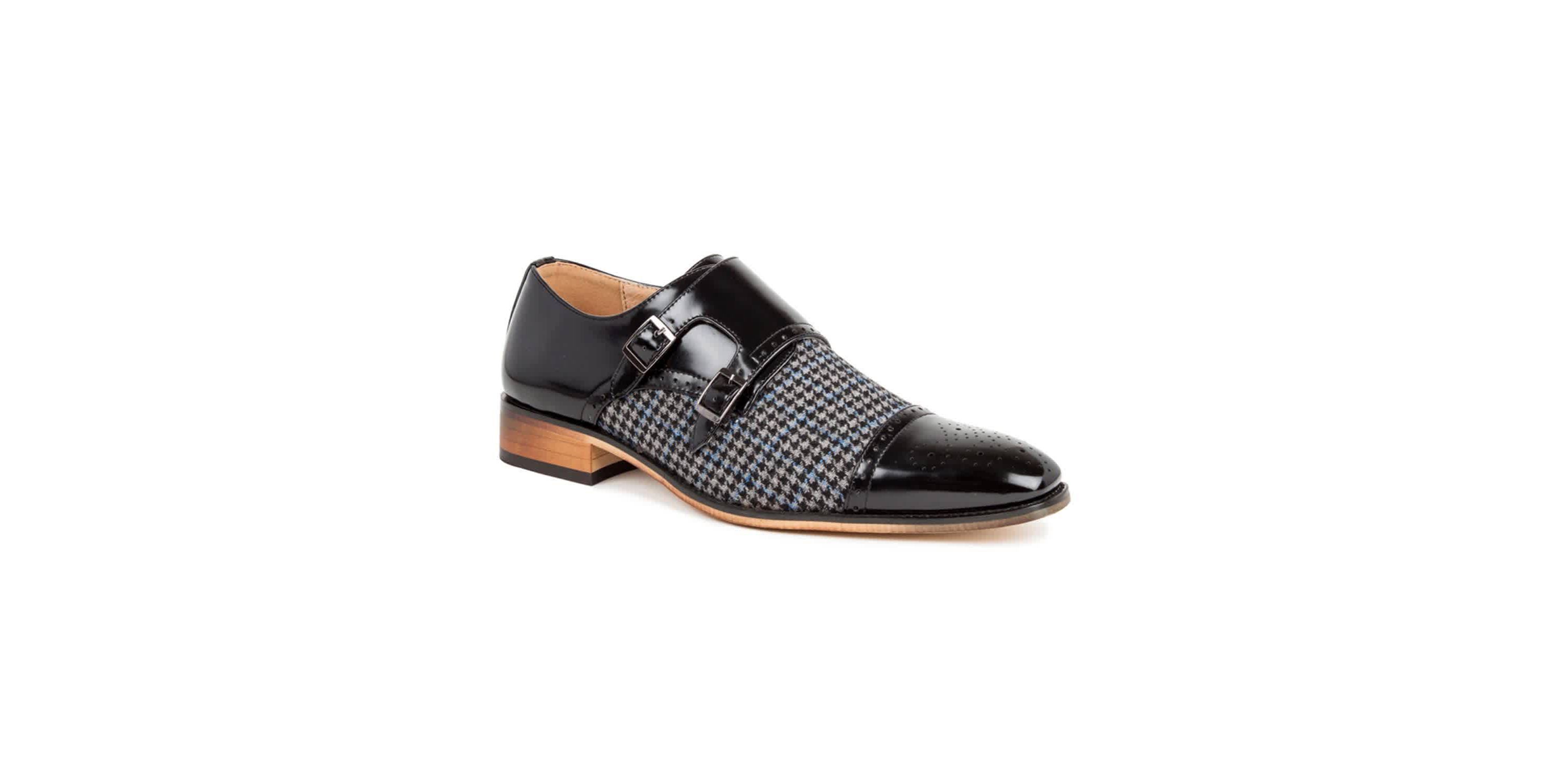 Double Monk Strap Houndstooth Medallion Cap Toe Dress Shoes