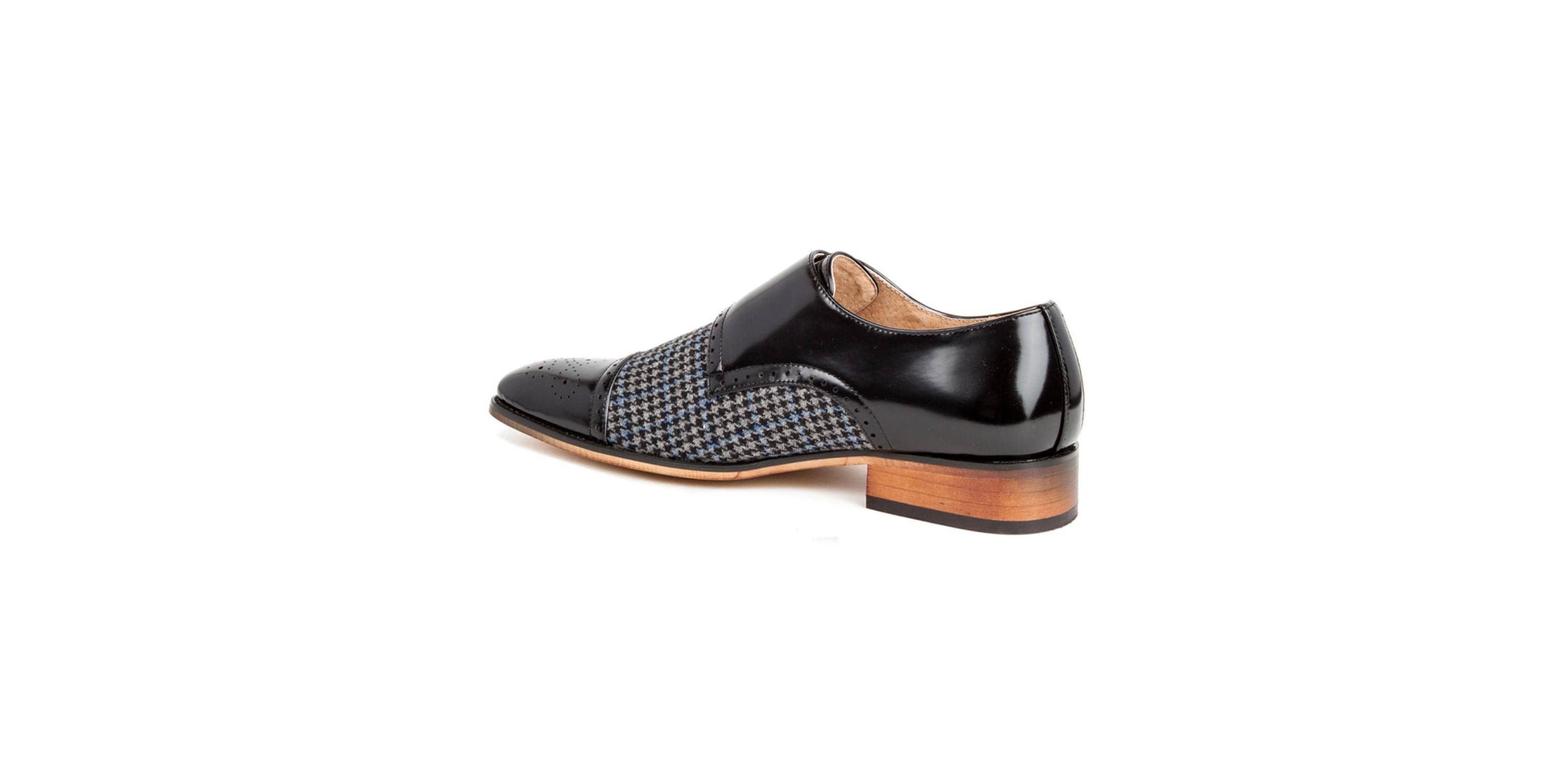 Double Monk Strap Houndstooth Medallion Cap Toe Dress Shoes